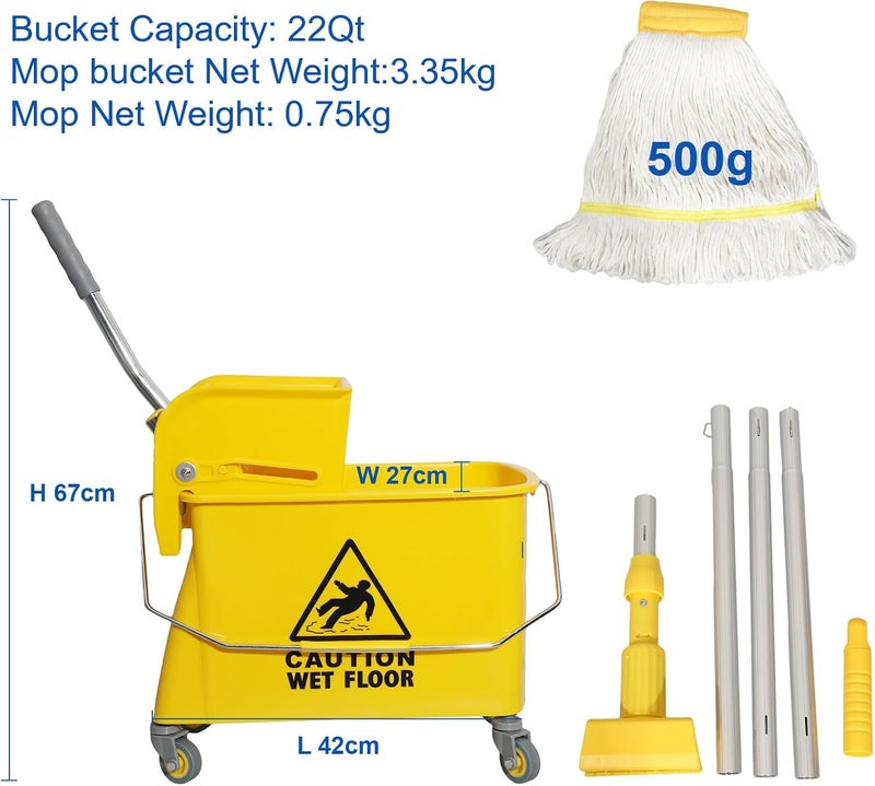 Midoneat Mop Bucket with Wringer, 22 Qt (5.5 Gallon), Handle, Wheels,Floor Cleaning, 16.5" L x 10.6" W x 26.4" H, Yellow,Add One Cotton Mop - Image 2